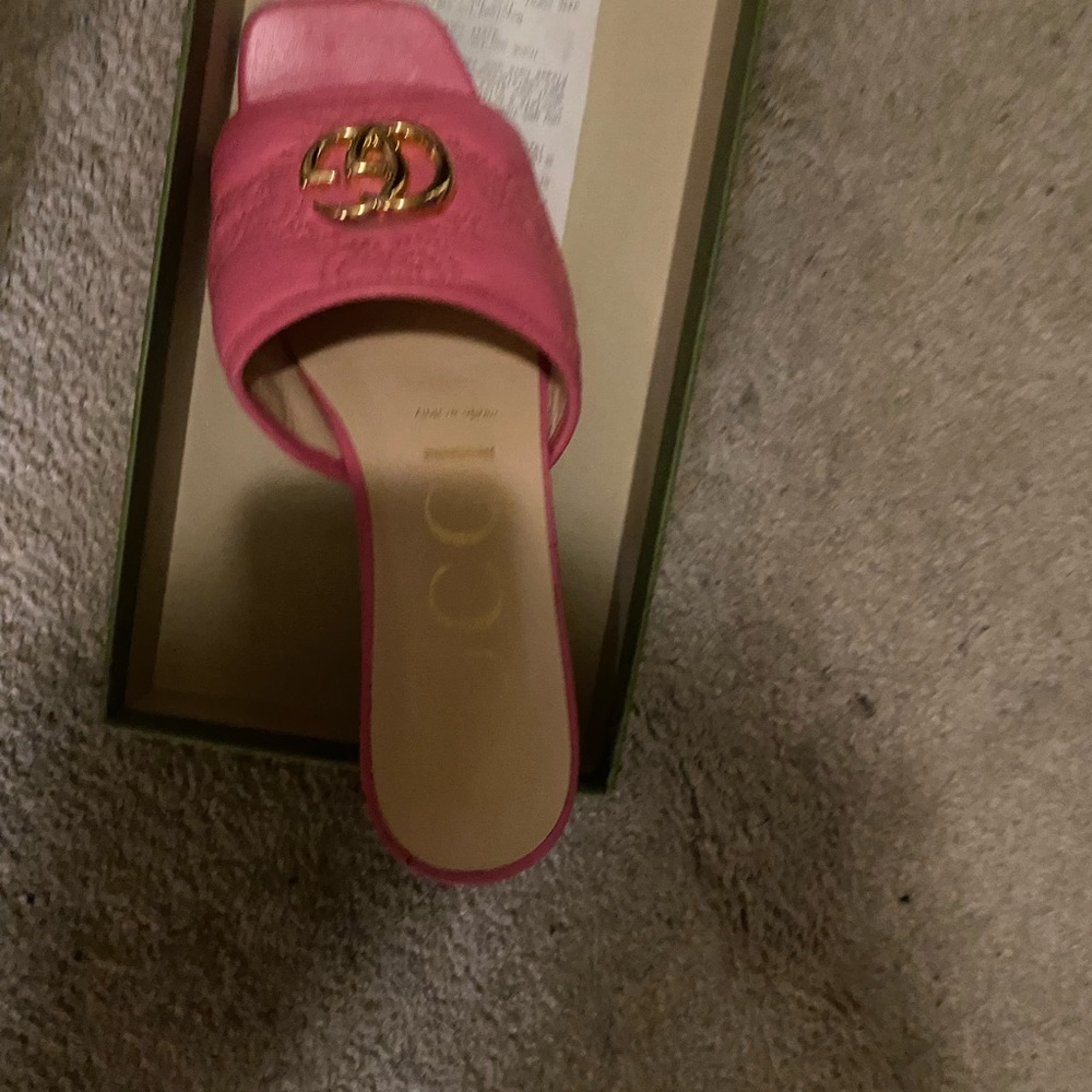 Gucci Pink Mules with Gold Logo